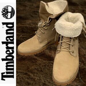 Women's "TIMBERLAND" teddy fleece fold down waterproof boot light brown- 9